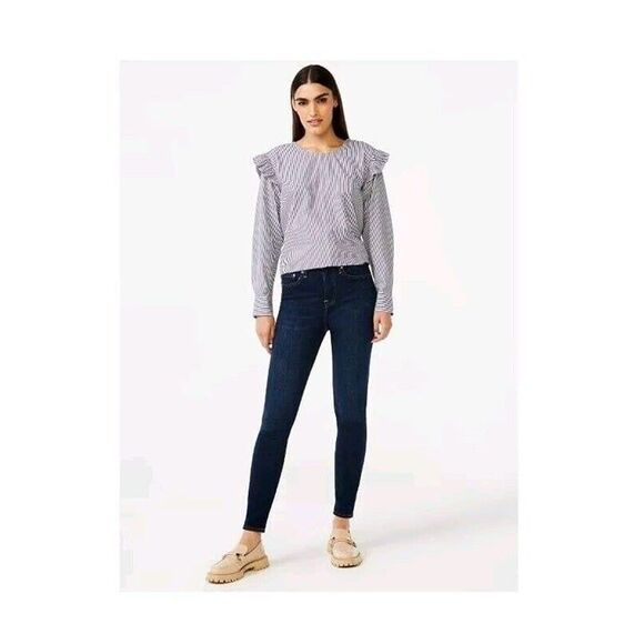 5/$25 EUC Sz L Ruffle Long Sleeve Blue White Striped Blouse Top - Picture 2 of 5